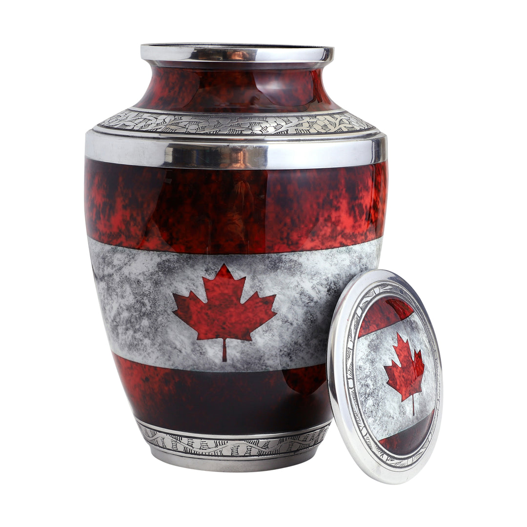 Canadian Flag Cremation Urn for Human Ashes – Aluminium Memorial Urn with Velvet Bag, Holds 200 Cu In