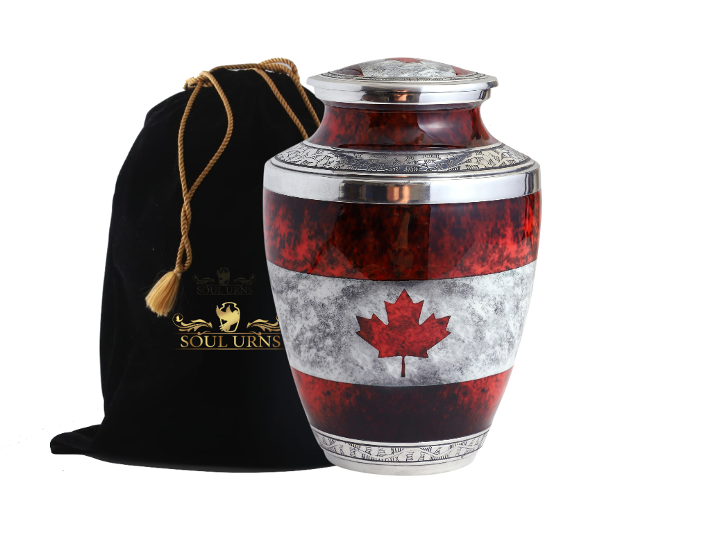 Canadian Flag Cremation Urn for Human Ashes – Aluminium Memorial Urn with Velvet Bag, Holds 200 Cu In