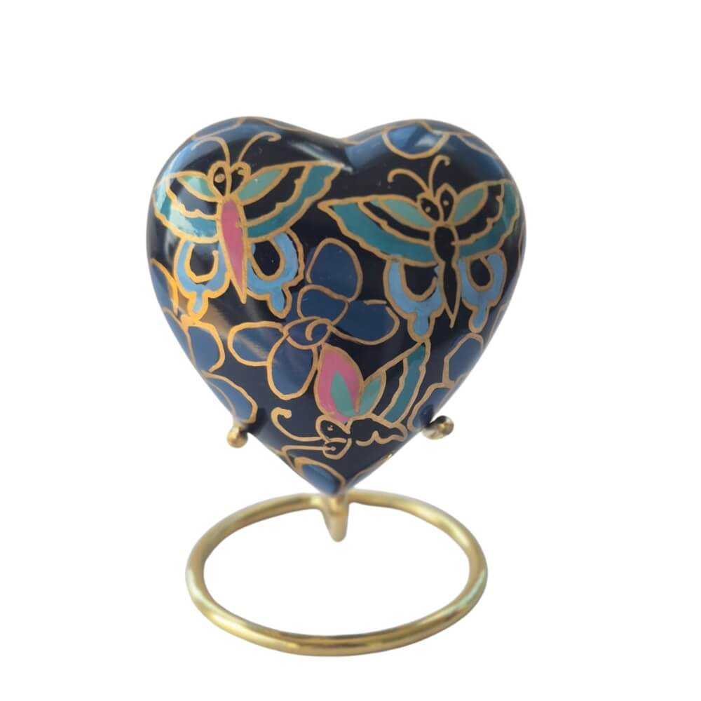 SOULURNS Butterfly Heart Keepsake Urn for Human Ashes – Navy Blue Cloisonné Memorial Urn with Gold Display Stand