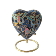 SOULURNS Butterfly Heart Keepsake Urn for Human Ashes – Navy Blue Cloisonné Memorial Urn with Gold Display Stand
