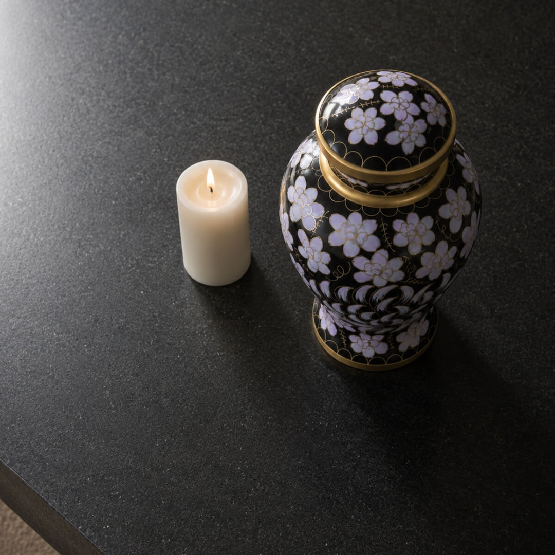 SOULURNS Large Cremation Urn for Human Ashes Adult – Black Cloisonné Floral Urn with Gold Accents, Enamel Coated Aluminium Memorial Urn, Holds Up to 198 lbs, Elegant Decorative Urn