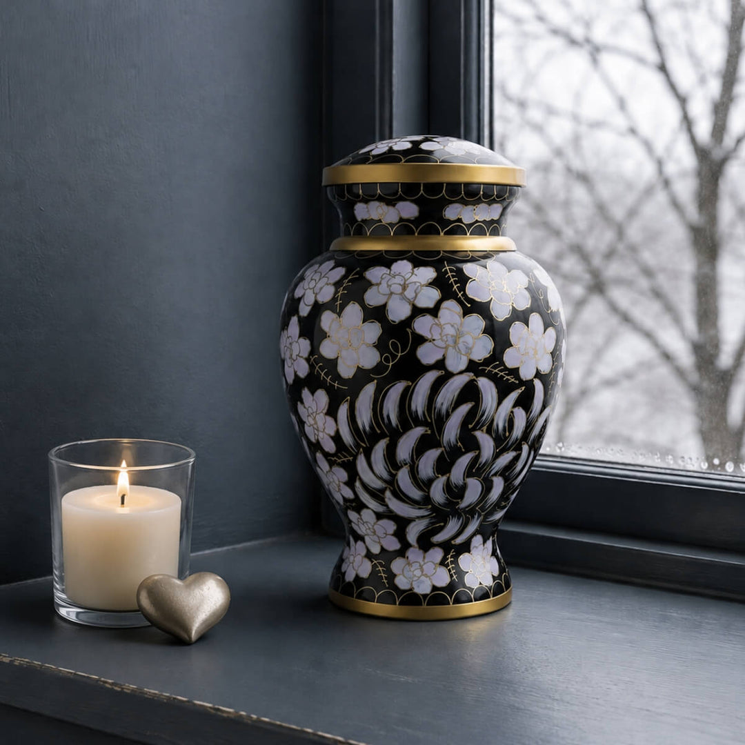 SOULURNS Large Cremation Urn for Human Ashes Adult – Black Cloisonné Floral Urn with Gold Accents, Enamel Coated Aluminium Memorial Urn, Holds Up to 198 lbs, Elegant Decorative Urn