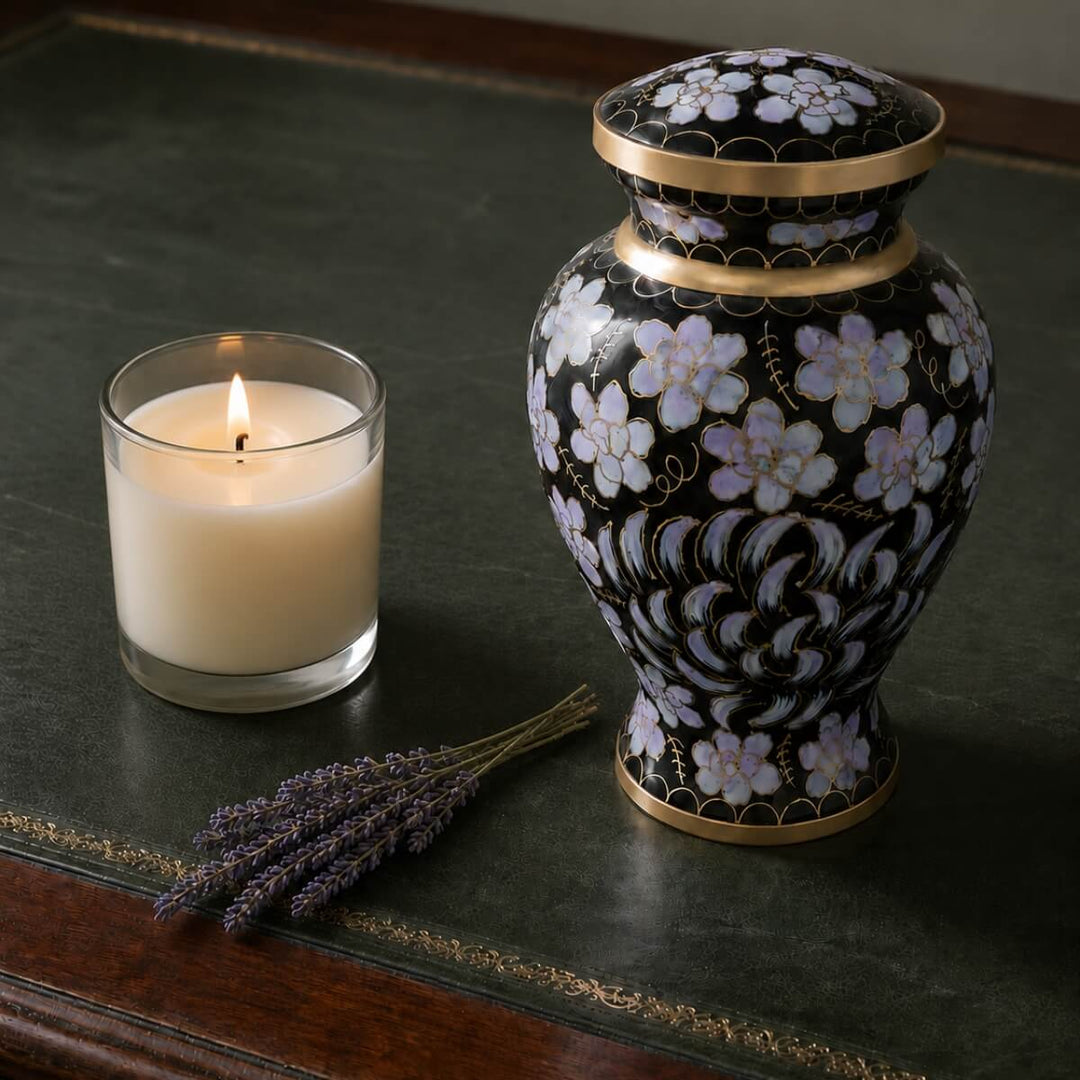SOULURNS Large Cremation Urn for Human Ashes Adult – Black Cloisonné Floral Urn with Gold Accents, Enamel Coated Aluminium Memorial Urn, Holds Up to 198 lbs, Elegant Decorative Urn