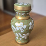 Load image into Gallery viewer, SOULURNS Mini Cremation Urn for Ashes – Sage Green Floral Cloisonné Token Urn with Gold Trim, Small Keepsake Urn for Sharing Ashes, Hand-Painted Enamel, Includes Velvet Pouch