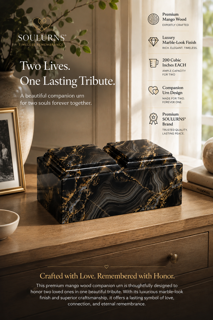 Companion Cremation Urn – Luxury Marble-Look Wooden Memorial Urn for Two