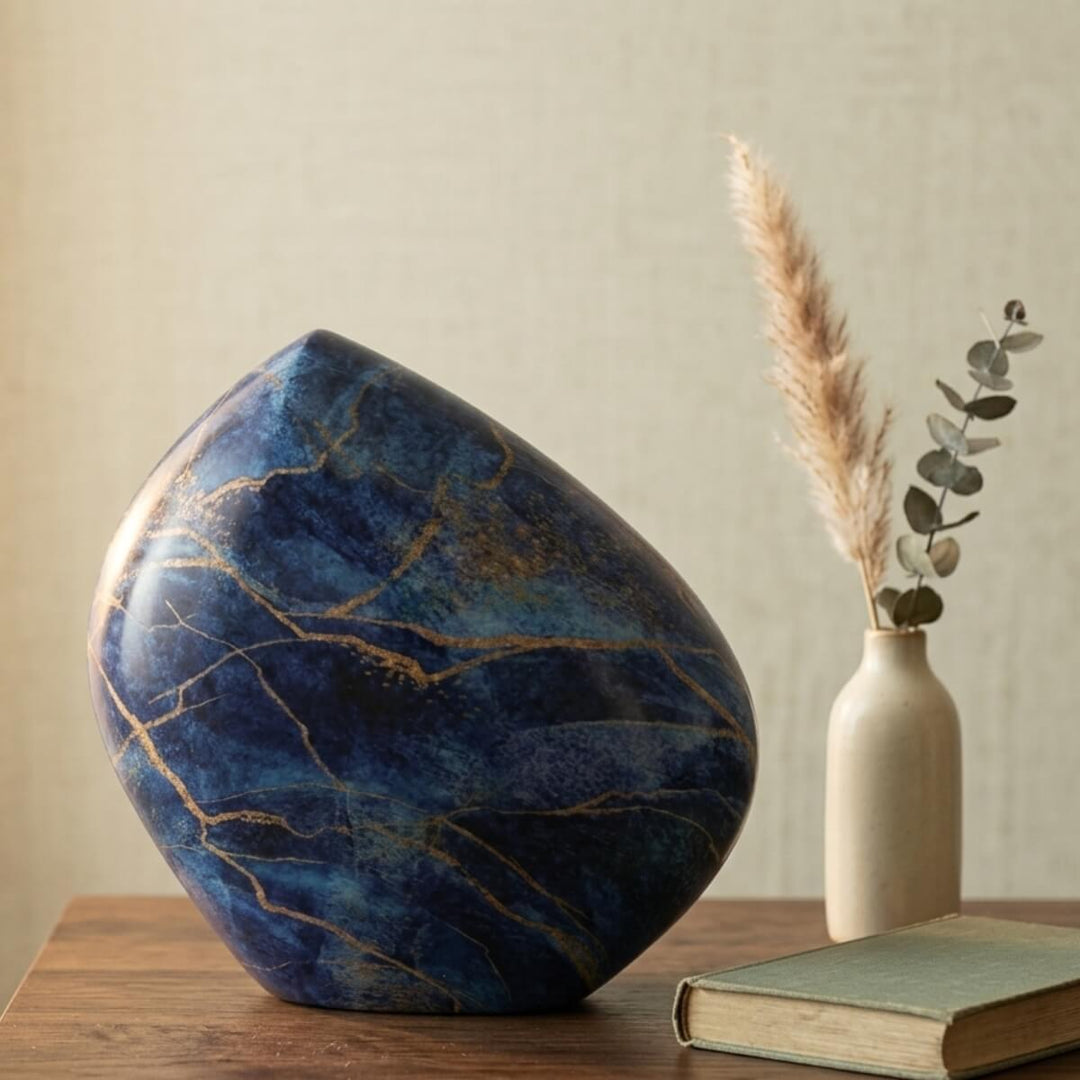SOULURNS Blue Sapphire Marble Teardrop Cremation Urn for Human Ashes – Elegant Gold Vein Adult Funeral Urn, Handcrafted Decorative Memorial Keepsake for Men & Women