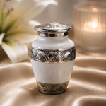 Load image into Gallery viewer, SOULURNS Mini Keepsake Cremation Urn for Human Ashes – Small White Enamel Urn with Embossed Silver Floral Band, Elegant Aluminium Sharing Urn, 3 lbs