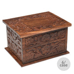 Load image into Gallery viewer, Rosewood Carved Wood Cremation Urn for Adult Ashes, Large Wood Memorial Urn Box, Floral Design 200 Cu In, Case of 6