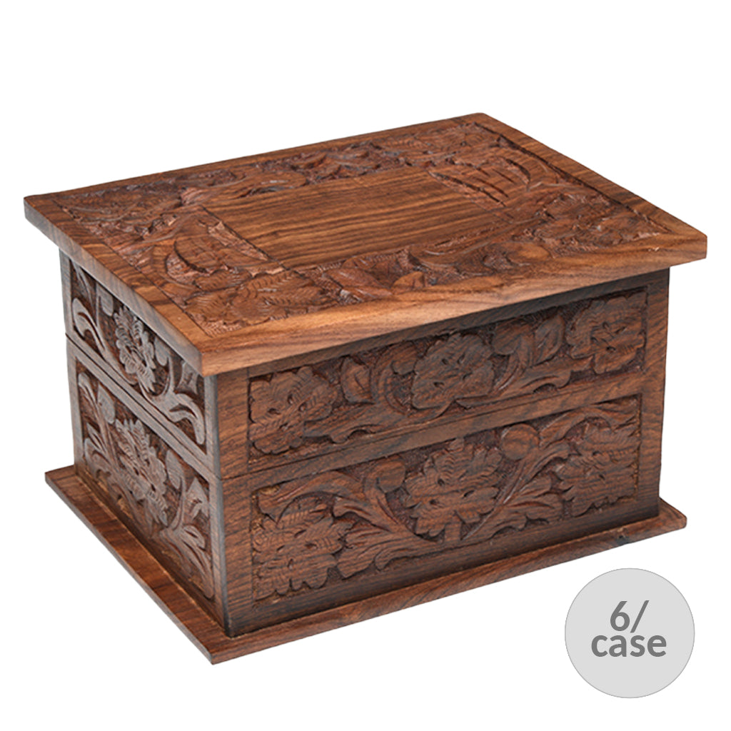 Rosewood Carved Wood Cremation Urn for Adult Ashes, Large Wood Memorial Urn Box, Floral Design 200 Cu In, Case of 6