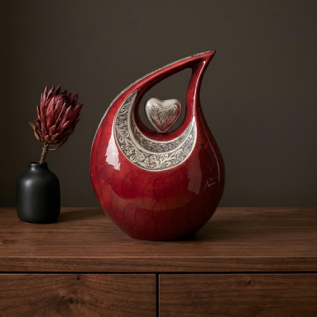 SOULURNS Adult Cremation Urn for Human Ashes – Large Aluminum Urn, Crimson Enamel with Silver Embossed Design, Holds Up to 200 lbs, Memorial Urn for Men & Women, Funeral Urn 2 Liter Capacity