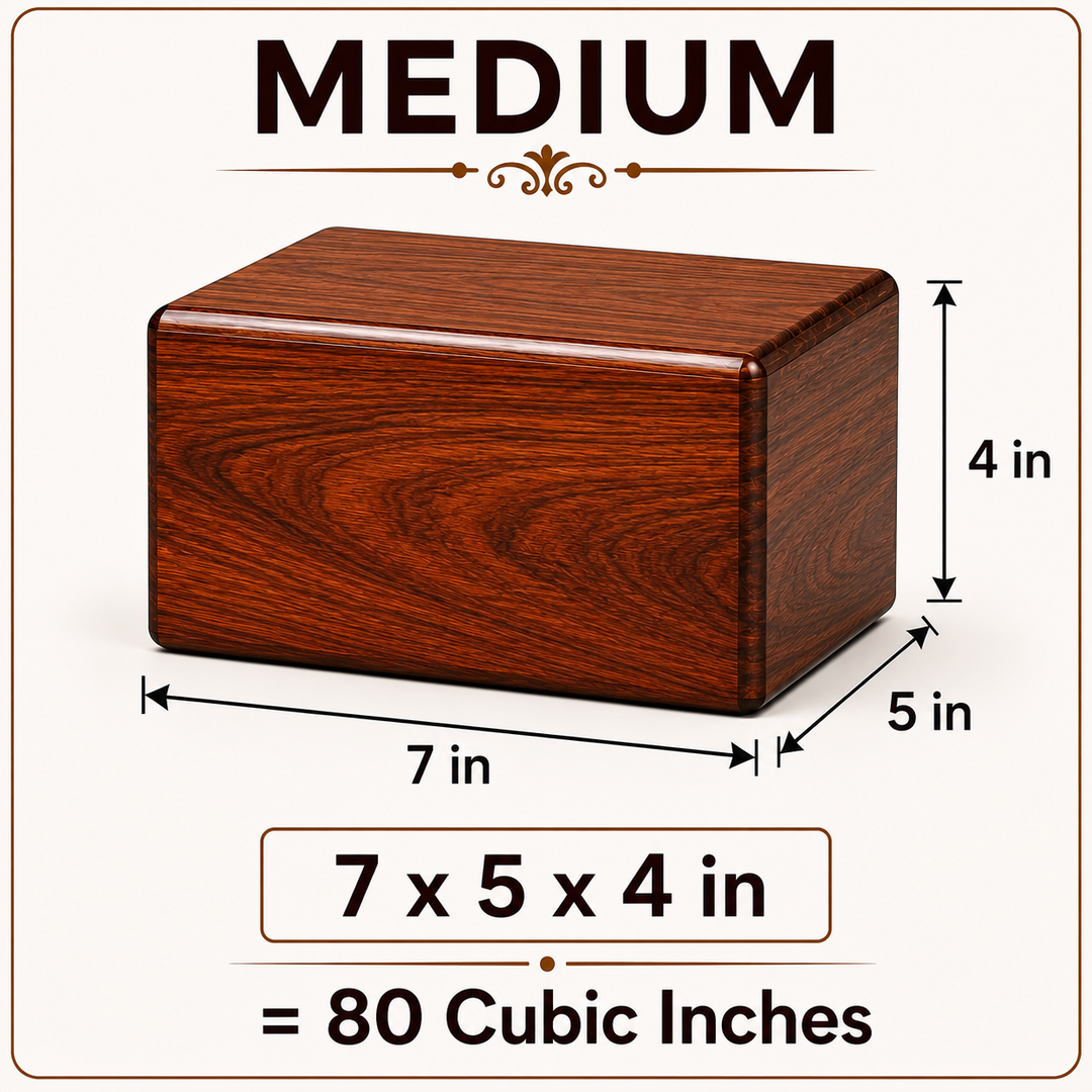 Wooden urn with dimensions 7 x 5 x 4 inch labeled as 'Medium' on a white background which can hold 80 cubic inches of ashes which is equivalent to 80 Lbs generally used to preserve ashes of pets.