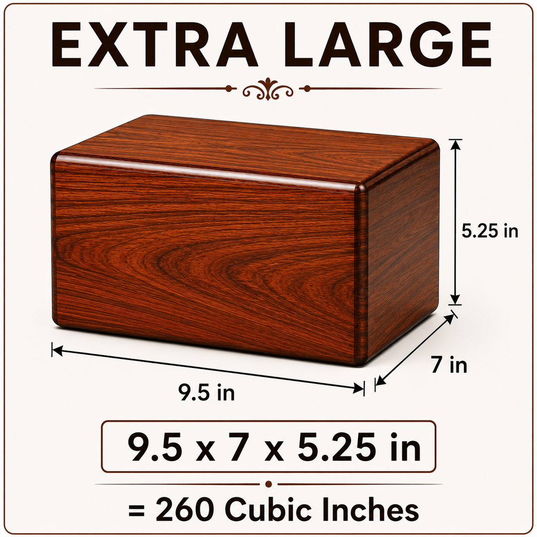 Wooden urn with dimensions 9.5 x 7 x 5.25 inch labeled as 'Extra Large' on a white background which can hold 260 cubic inches of ashes which is equivalent to 260 Lbs generally used to preserve ashes of adult.