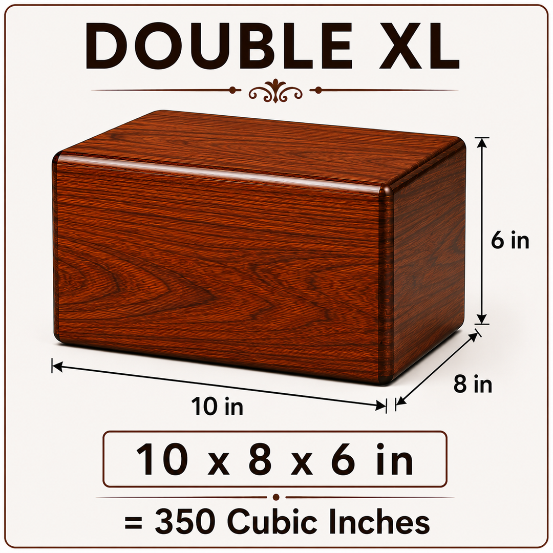 Wooden urn with dimensions 10 x 8 x 6 inch labeled as 'Double Extra Large' on a white background which can hold 350 cubic inches of ashes which is equivalent to 350 Lbs generally used to preserve ashes of adult.
