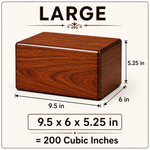 Load image into Gallery viewer, Wooden urn with dimensions 9.5 x 6 x 5.25 inch labeled as 'Large' on a white background which can hold 200 cubic inches of ashes which is equivalent to 200 Lbs generally used to preserve ashes of adult.
