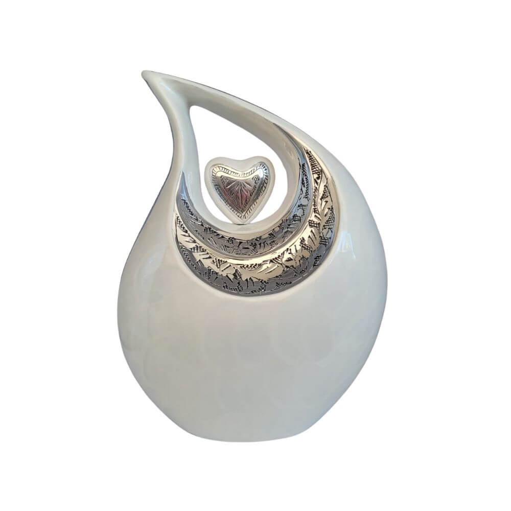 SOULURNS Cream Teardrop Cremation Urn – Silver Heart Embossed Memorial Urn for Ashes