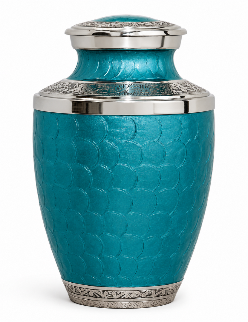 Teal Fish-Scale Cremation Urn for Human Ashes – Large Adult Funeral Urn, 10 Inch Aluminium Urn with Nickel Bands