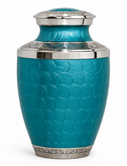 Teal Fish-Scale Cremation Urn for Human Ashes – Large Adult Funeral Urn, 10 Inch Aluminium Urn with Nickel Bands
