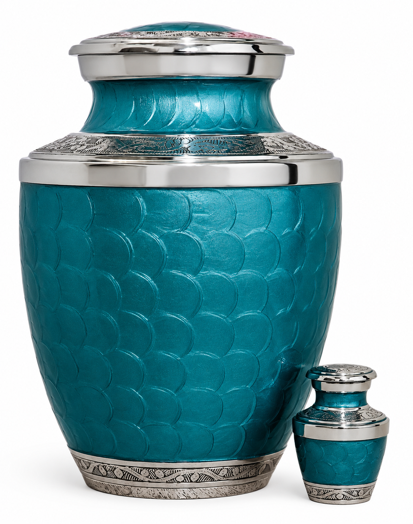 Teal Fish-Scale Cremation Urn for Human Ashes – Large Adult Funeral Urn, 10 Inch Aluminium Urn with Nickel Bands