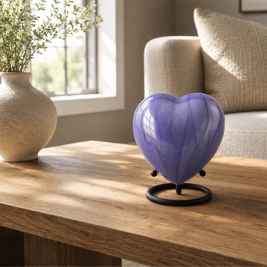 SOULURNS Heart Keepsake Urn for Ashes – Lavender Purple Crackle Enamel Heart Cremation Urn with Display Stand, Small Memorial Urn, Threaded Base, Solid Aluminium