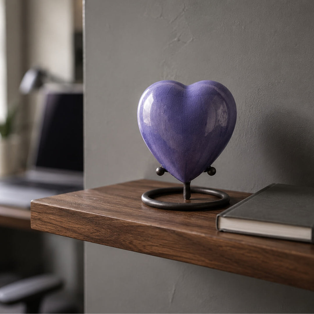 SOULURNS Heart Keepsake Urn for Ashes – Lavender Purple Crackle Enamel Heart Cremation Urn with Display Stand, Small Memorial Urn, Threaded Base, Solid Aluminium