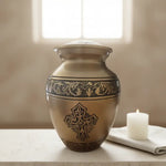 Load image into Gallery viewer, SOULURNS Cross Cremation Urn for Ashes – Antique Gold Memorial Urn with Silver Embossed Cross, Aluminium Urn for Child or Small Adult, 76 cubic inches