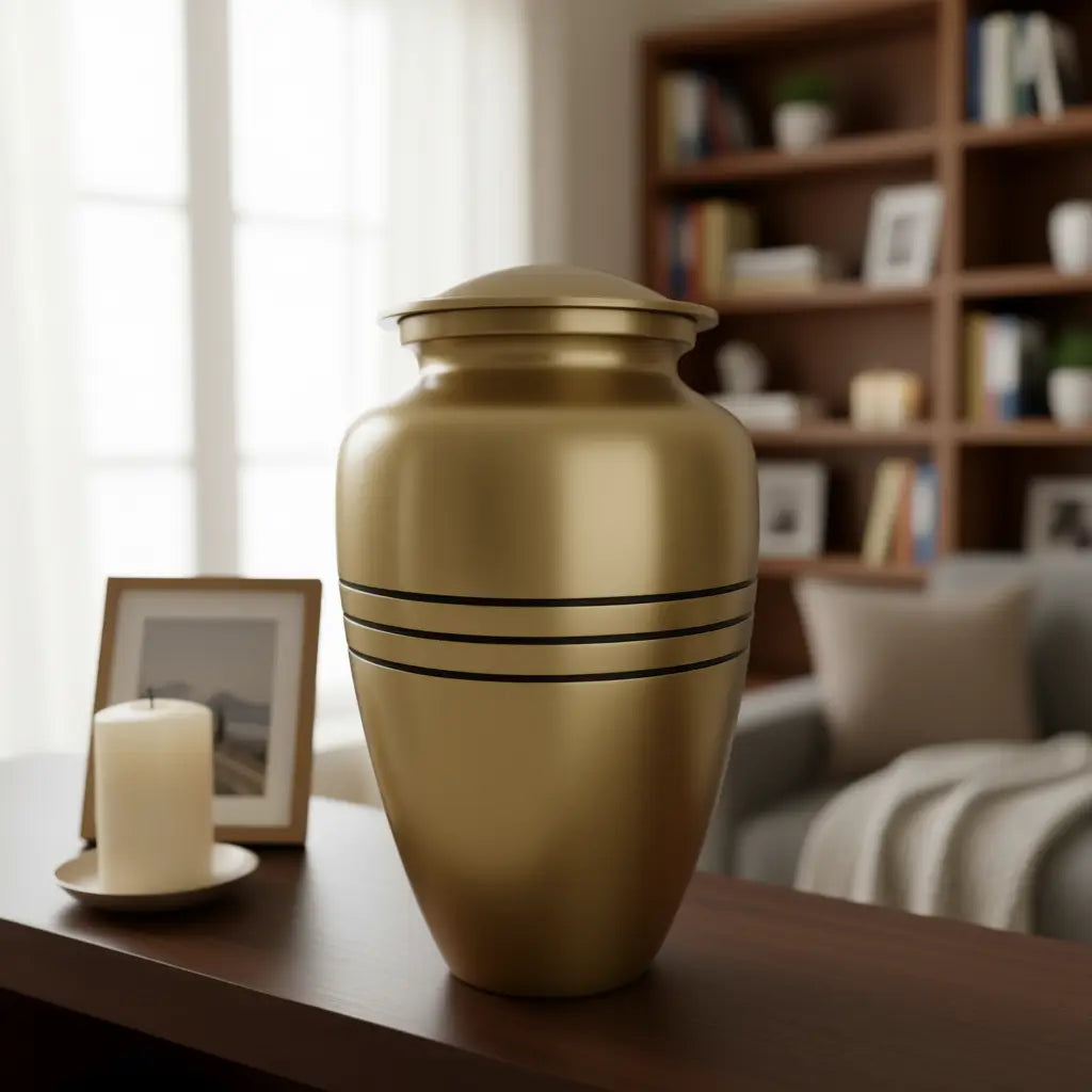 SOULURNS Classic Gold Cremation Urn for Human Ashes Adult – Large 3.4L Memorial Urn, Matte Gold Enamel, Three Band Design, Funeral Urn for Ashes Men Women, Fits Up to 90 kg, Aluminum