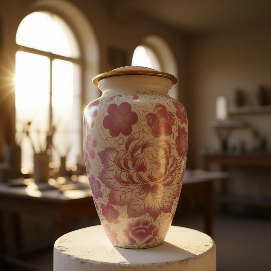 SOULURNS Cloisonné Cremation Urn for Human Ashes – Adult Urn with Pink Floral Design, Hand-Painted Enamel, Solid Aluminum, Gold Accents, Threaded Lid, Felt-Lined Base, Velvet Pouch Included, Holds Up to 200 lbs (90kg), 3.3L