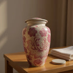 Load image into Gallery viewer, SOULURNS Cloisonné Cremation Urn for Human Ashes – Adult Urn with Pink Floral Design, Hand-Painted Enamel, Solid Aluminum, Gold Accents, Threaded Lid, Felt-Lined Base, Velvet Pouch Included, Holds Up to 200 lbs (90kg), 3.3L