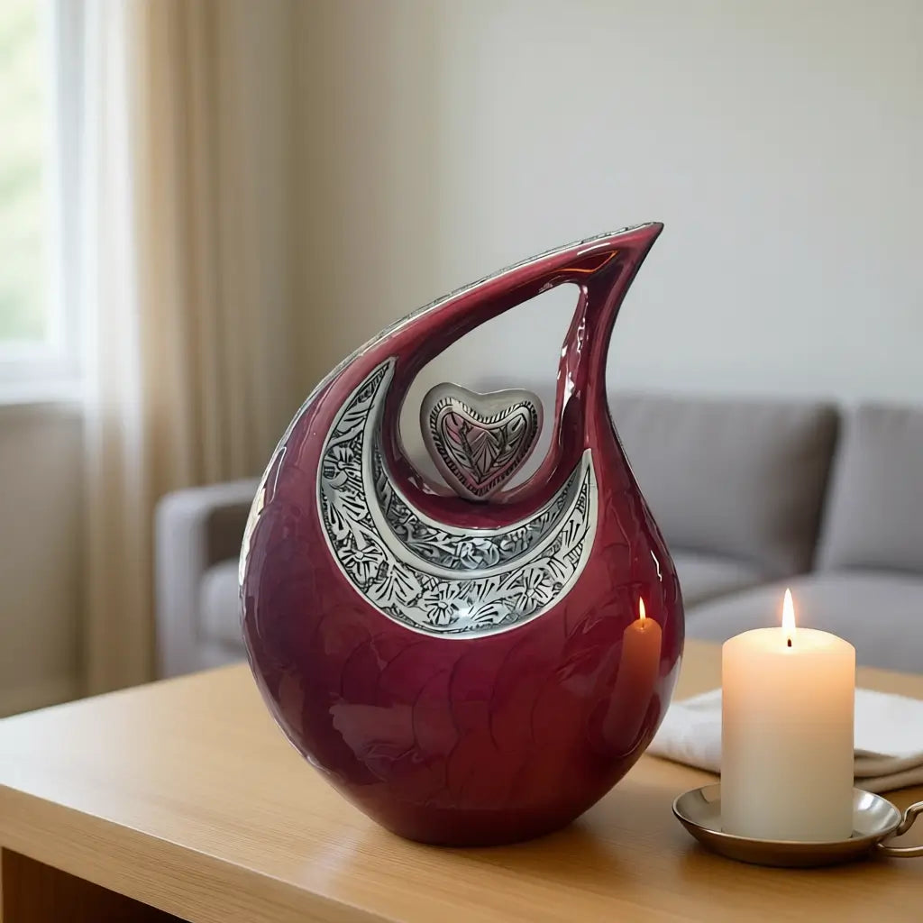 SOULURNS Adult Cremation Urn for Human Ashes – Large Aluminum Urn, Crimson Enamel with Silver Embossed Design, Holds Up to 200 lbs, Memorial Urn for Men & Women, Funeral Urn 2 Liter Capacity