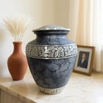 Load image into Gallery viewer, SOULURNS Blue Grey Marble Cremation Urn for Adult Human Ashes – 200 lbs Large Aluminum Memorial Urn with Silver Botanical Engraving &amp; Secure Threaded Lid