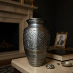 Load image into Gallery viewer, SOULURNS Pewter Brass Cremation Urn for Human Ashes – Hand-Etched Gold Inlay Engraved Urn, Large Adult Funeral Urn for Men