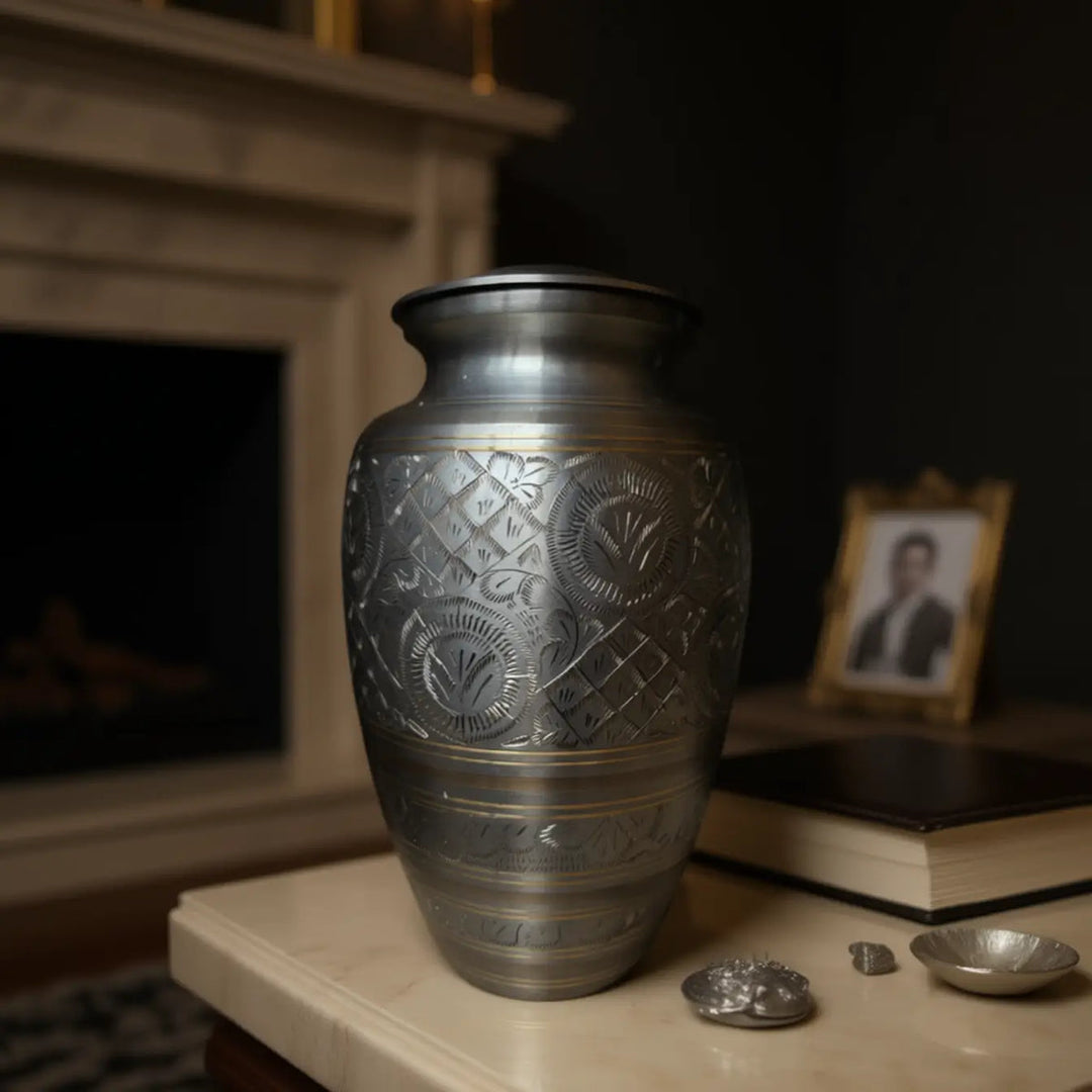 SOULURNS Pewter Brass Cremation Urn for Human Ashes – Hand-Etched Gold Inlay Engraved Urn, Large Adult Funeral Urn for Men