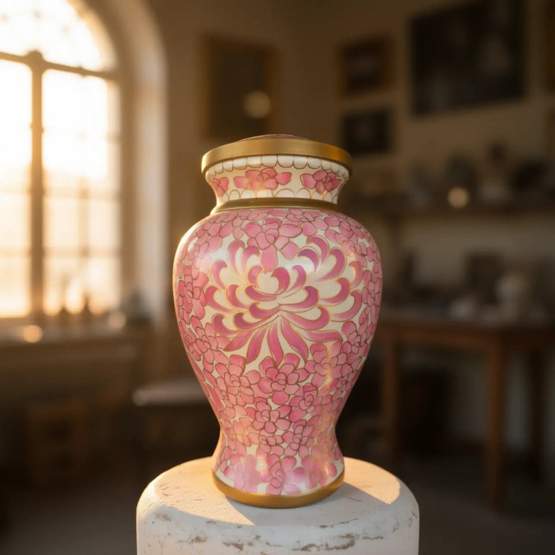 SOULURNS Pink Chrysanthemum Cloisonné Cremation Urn for Human Ashes – Handcrafted Brass Floral Memorial Urn with Gold Trim, Large Adult Funeral Urn