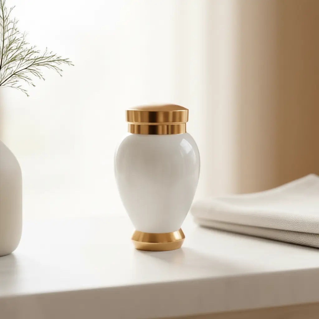 SOULURNS Mini Cremation Urn for Human Ashes – Small Keepsake Urn with Rose Gold Finish, White Enamel Aluminium, Threaded Lid, 50ml, Memorial Urn for Sharing Ashes, Adult Companion Urn