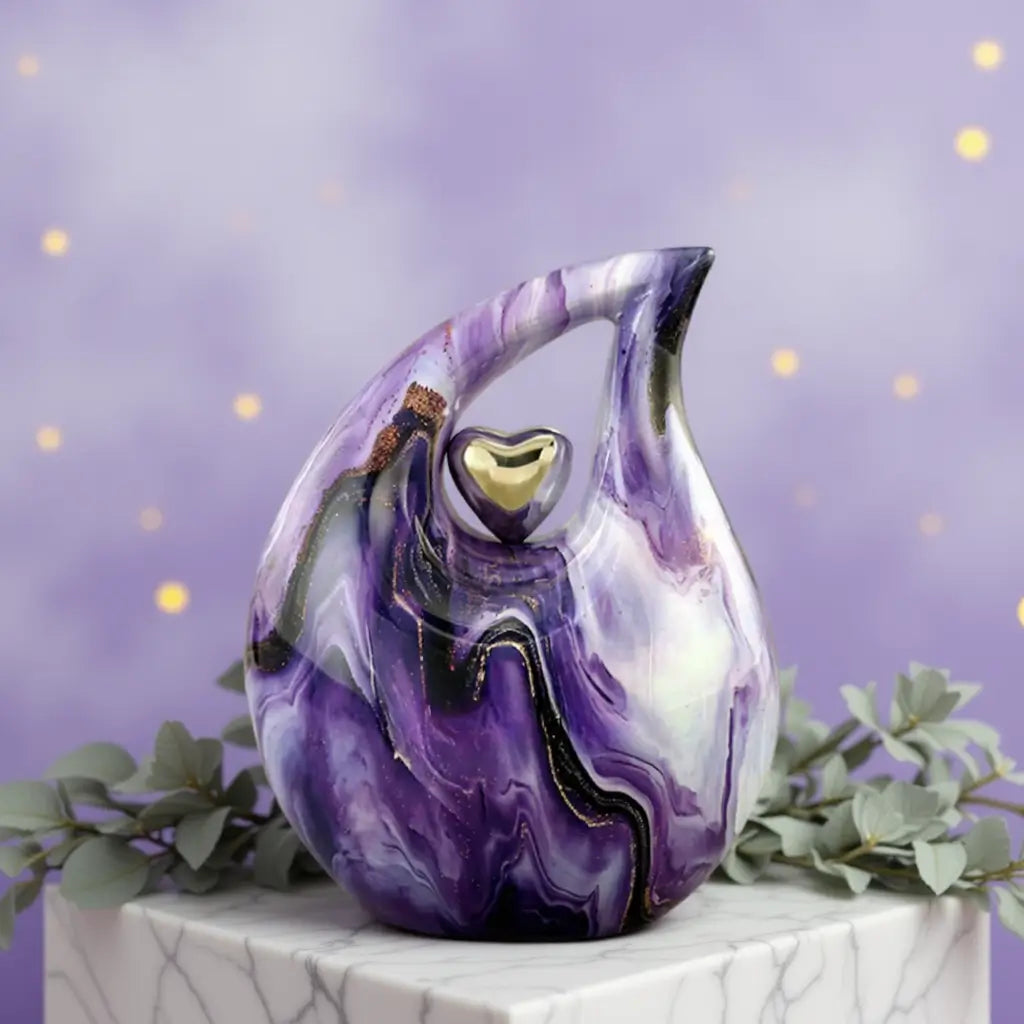 SOULURNS Large Cremation Urn for Human Ashes – Purple Amethyst Marble Teardrop Urn with Gold Heart Handle | Adult Funeral Urn for Ashes, Men & Women