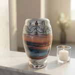 Load image into Gallery viewer, SOULURNS Large Cremation Urn for Human Ashes Adult – Sunset Ocean Design Aluminium Memorial Urn with Engraved Silver Leaf Bands, Threaded Lid, Holds Up to 200 lbs (90 kg), 3.4L Funeral Urn for Men &amp; Women