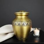 Load image into Gallery viewer, SOULURNS Large Cremation Urn for Human Ashes Adult Male &amp; Female – Gold Brass Urn with Embossed Leaf Design, Aluminium Funeral Urn, Holds Up to 76 lbs, Includes Velvet Pouch