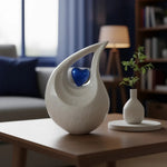 Load image into Gallery viewer, SOULURNS Teardrop Heart Cremation Urn for Human Ashes – 2 Liter Adult Memorial Urn, Solid Aluminium, Cream Enamel with Blue Heart Inset, Decorative Keepsake Urn for Home Display