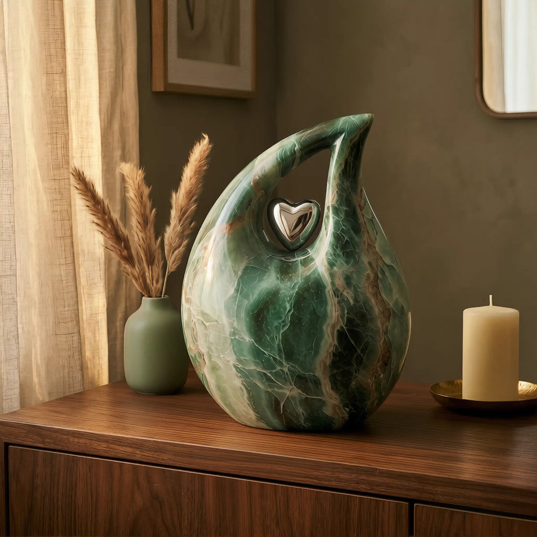 SOULURNS Large Cremation Urn for Human Ashes – Green Jade Marble Teardrop Urn with Silver Heart Handle | Adult Funeral Urn for Ashes, Men & Women