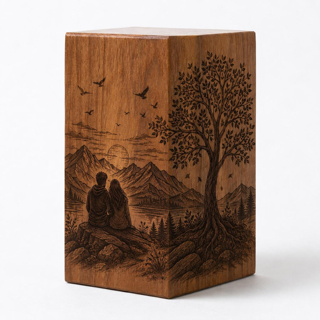 Personalized Couple Memorial Urn for Ashes, Handmade Wooden Cremation Urn, Mountain Lake Keepsake Box