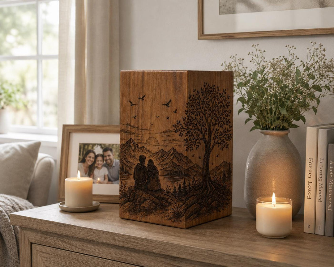 Personalized Couple Memorial Urn for Ashes, Handmade Wooden Cremation Urn, Mountain Lake Keepsake Box