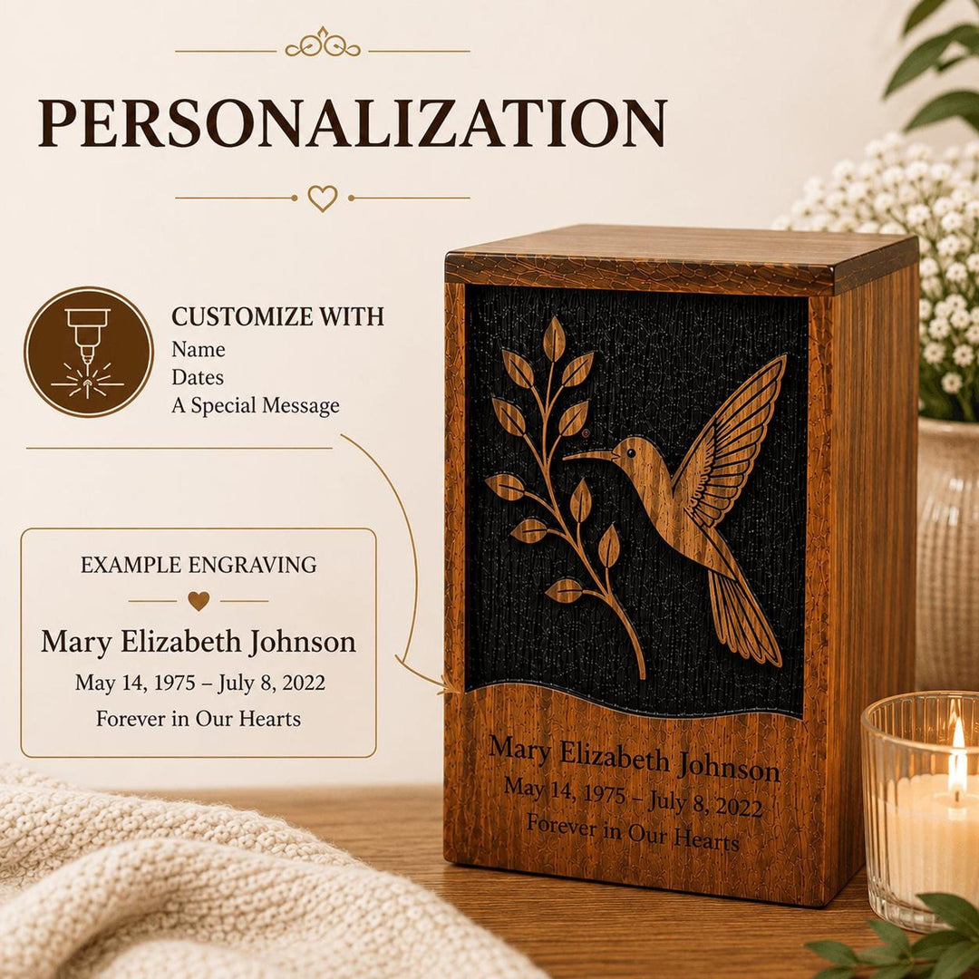 Humming Bird Urn for Mom, Personalized Wooden box for Human Ashes, Celebration of Life Cremation