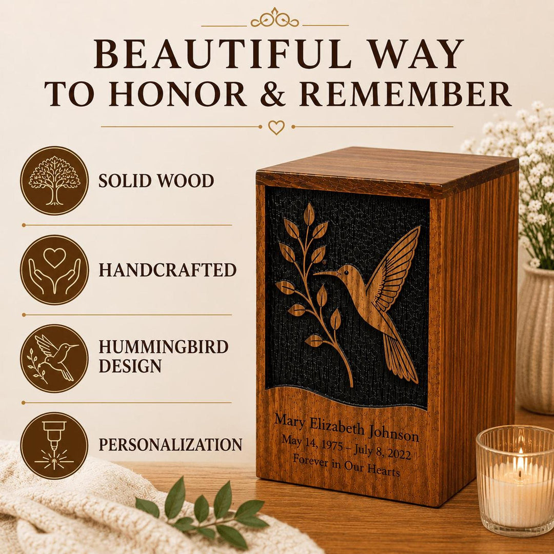 Humming Bird Urn for Mom, Personalized Wooden box for Human Ashes, Celebration of Life Cremation