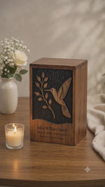 Load and play video in Gallery viewer, Humming Bird Urn for Mom, Personalized Wooden box for Human Ashes, Celebration of Life Cremation