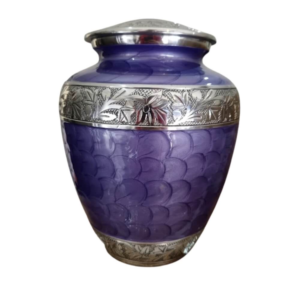SOULURNS Purple Cremation Urn for Human Ashes Adult – Large 3.5L Memorial Urn, Engraved Silver Band, Elegant Enamel Finish, Funeral Urn for Ashes Men Women, Fits Up to 97 kg, with Velvet Pouch