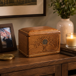 Load image into Gallery viewer, Handcrafted Solid Teak Wood Cremation Urn for Human Ashes – Tree of Life Memorial Urn with Eagle Medallion – Premium Funeral Urn for Adults