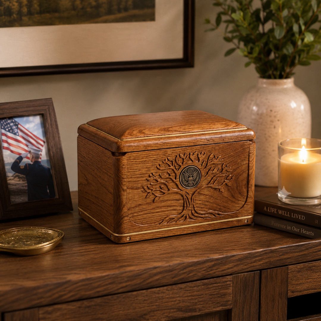 Handcrafted Solid Teak Wood Cremation Urn for Human Ashes – Tree of Life Memorial Urn with Eagle Medallion – Premium Funeral Urn for Adults