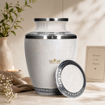 Load image into Gallery viewer, SOULURNS Pearl White Cremation Urn for Human Ashes – Elegant Scalloped Enamel Urn with Embossed Band, Large Adult Funeral Urn