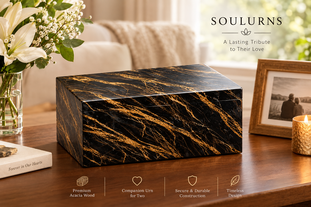 Acacia Wood Marble-Finish Urn for Two – Husband & Wife Companion Cremation Urn