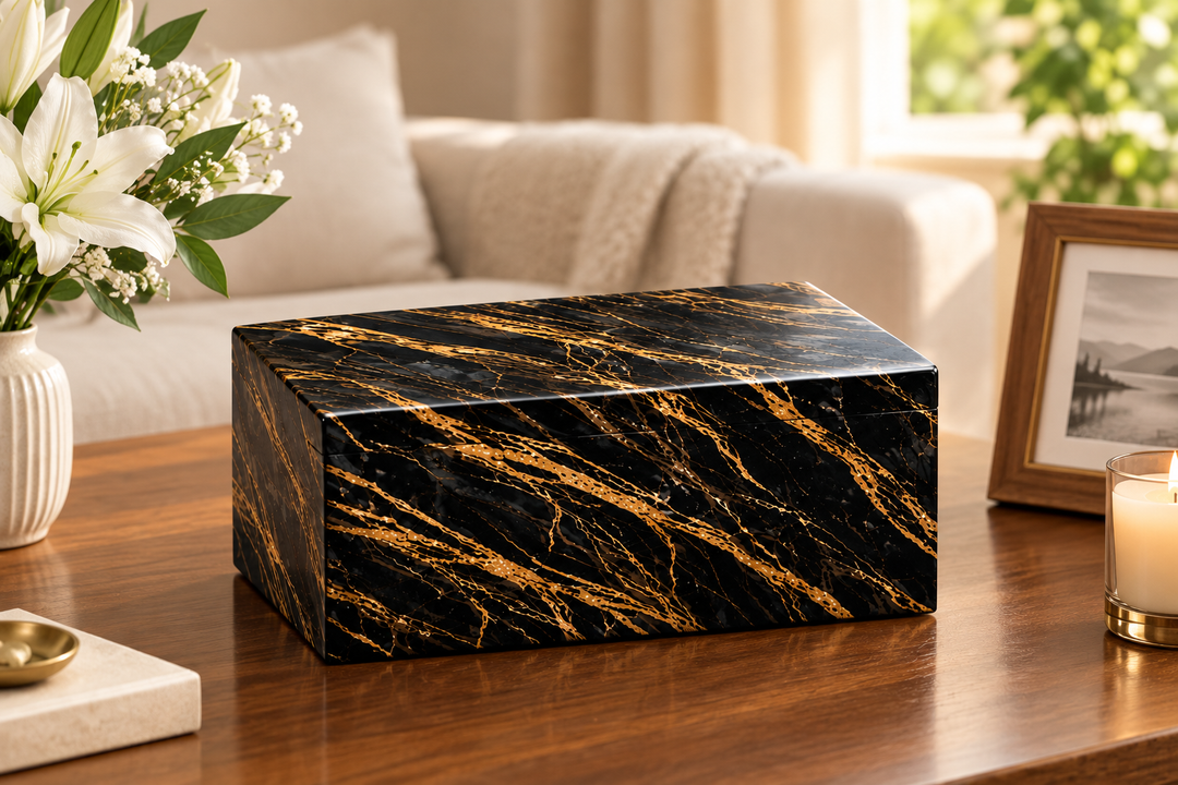 Acacia Wood Marble-Finish Urn for Two – Husband & Wife Companion Cremation Urn